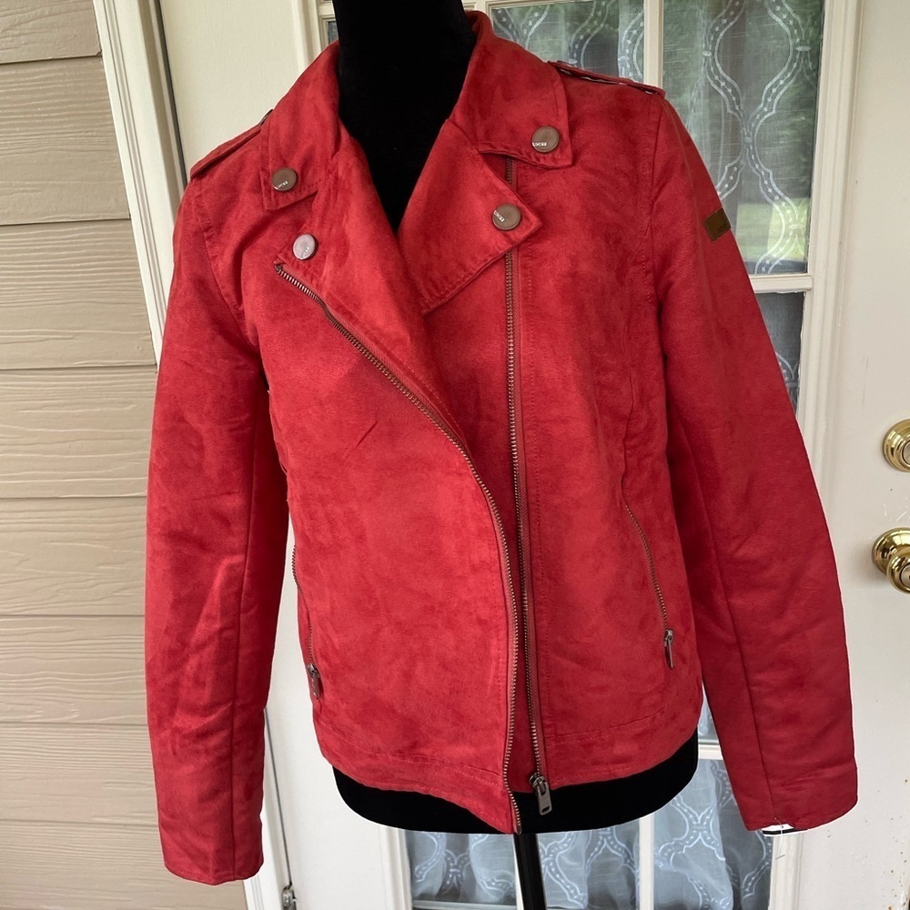 Roxy Moto Jacket Size S Red Faux Leather Zip Up Biker Style ❤️🔥